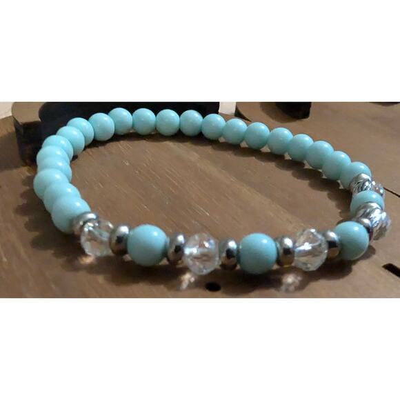 BUNDLE ONLY New Small Beads Beaded Bracelet Stretch Clear Teal SilverTone - Picture 3 of 3